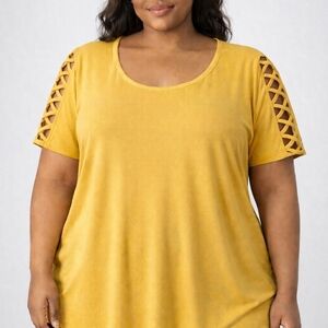 Yellow Women's Top with Lattice Sleeve Design